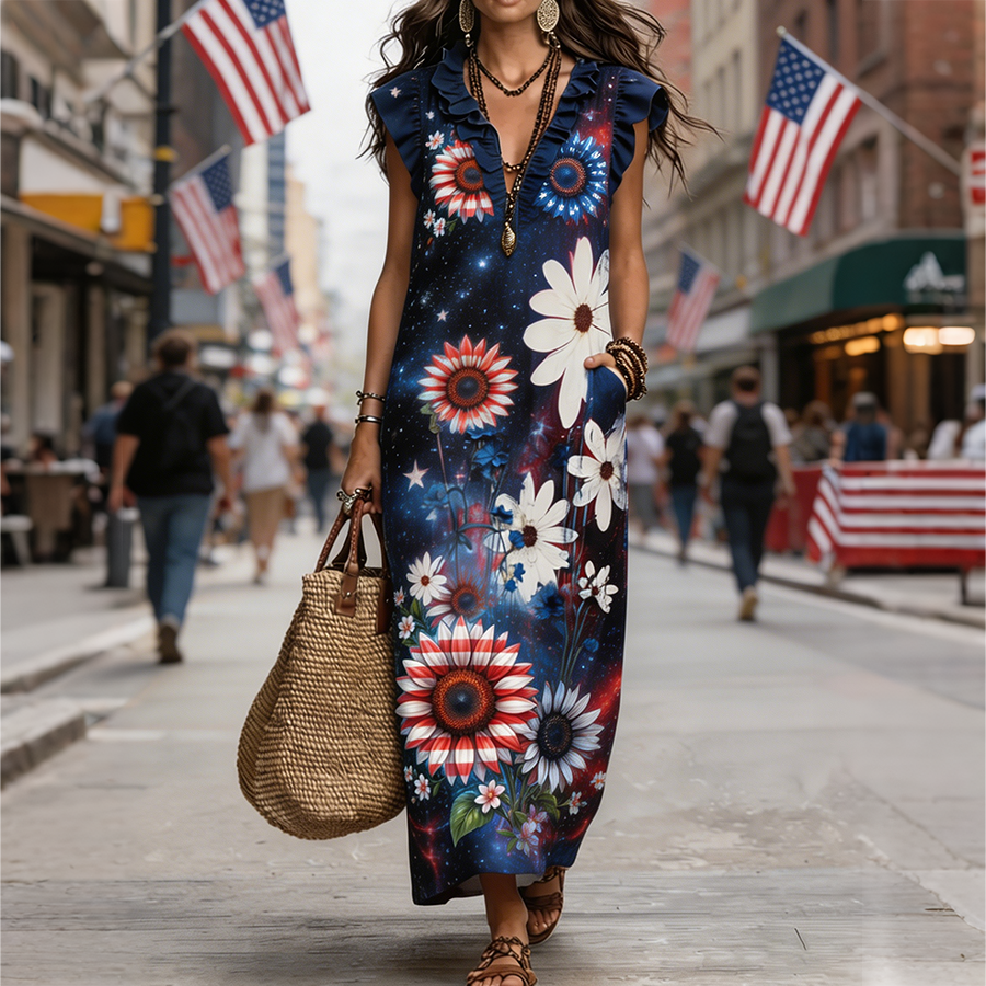 Women's Patriotic Starry Sky Sunflower American Flag Ruffled Maxi Dress