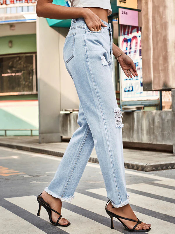 🛍️ Trendy Ripped Denim Pants Womens Casual High-Waist Jeans for Everyday Style ✨