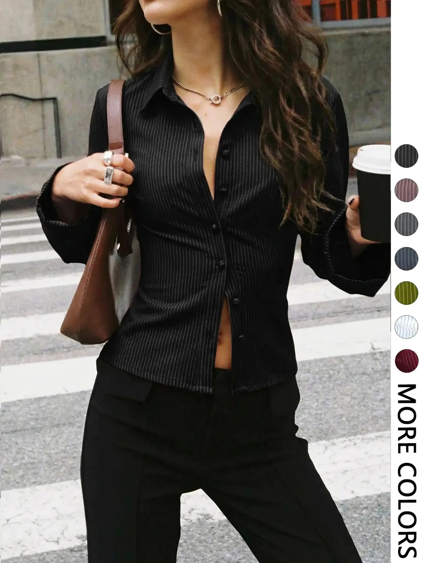 Women's All-Over Striped Print Button Front Blouse