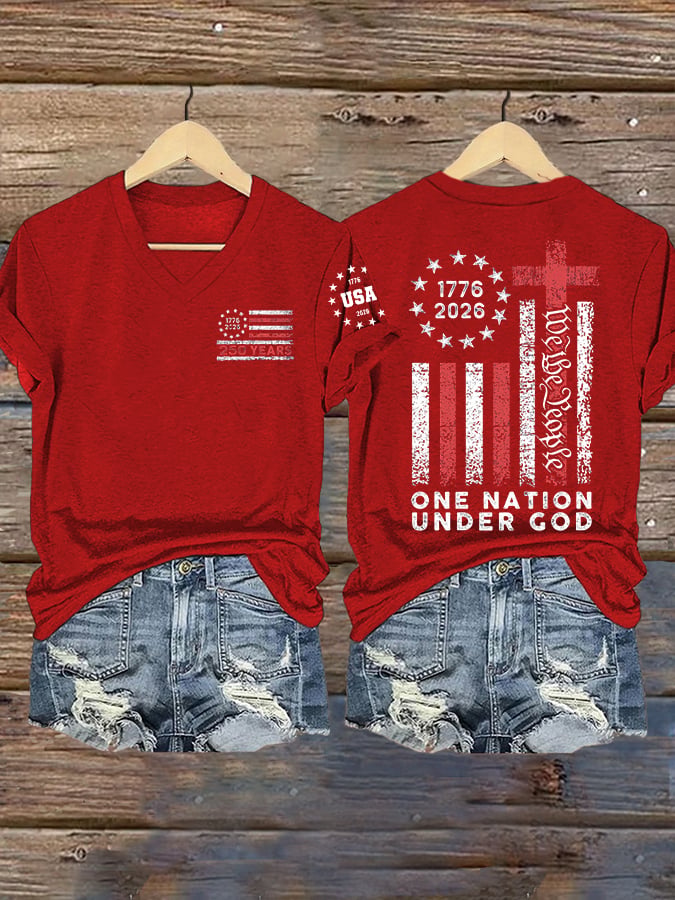 Women's Vintage USA 250th Anniversary One Nation Under God Print Casual T-shirt