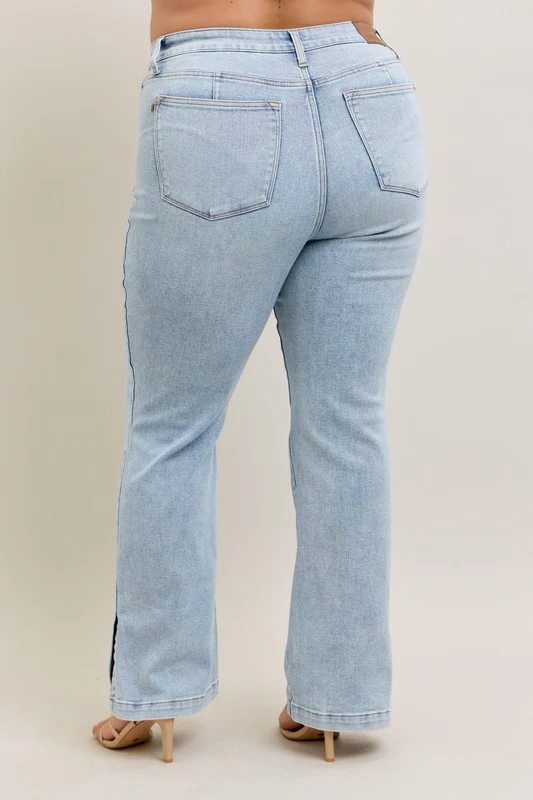 Blue Full Size Tummy Control Vintage Wash Side Slit Slim Boot Jeans Plus Size