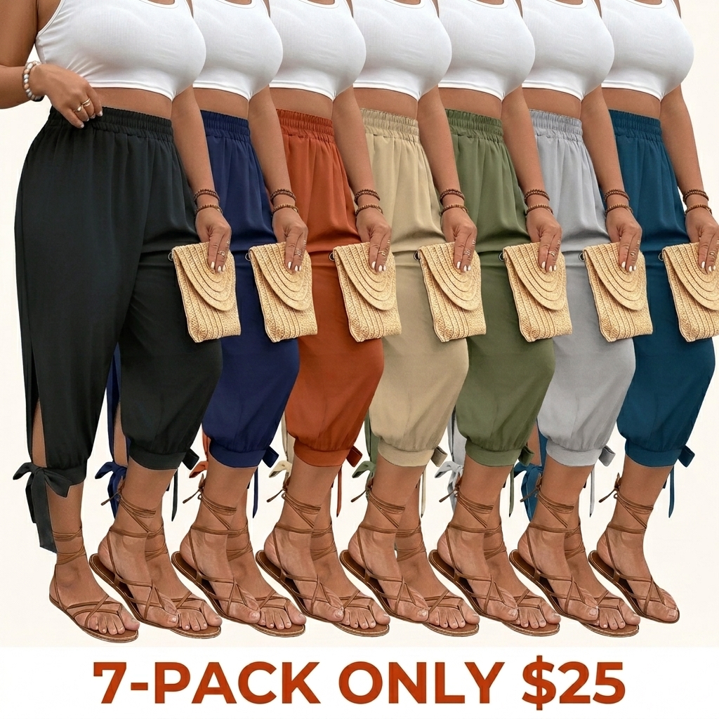 Plus-Size Solid-Color Cropped Pants — Commuter-Style Casual Trousers with Elastic Waist (Featuring Side Slits and Bow Details)
