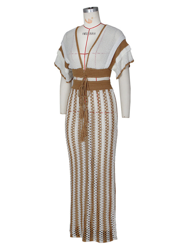 Deep V-Neck Hollow Knit Striped Floor Length Dress