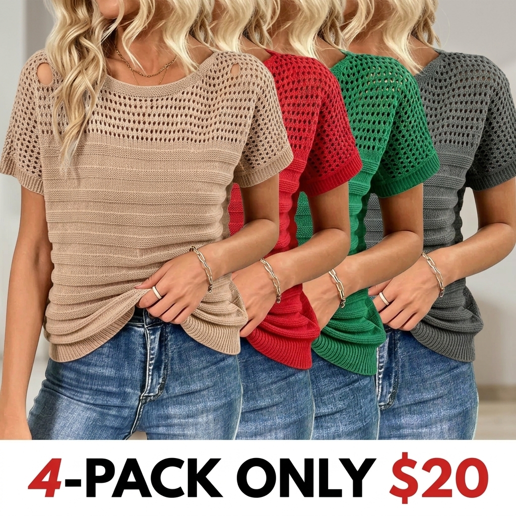 Women's Casual Round Neck Short Sleeve Eyelet Hollow Out Fitted Minimalist White Blouse Cute Tops
