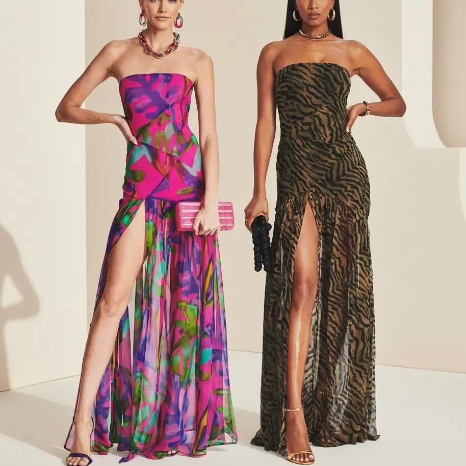 Women's Tube Top DressStrapless Backless High Slit Long Dress