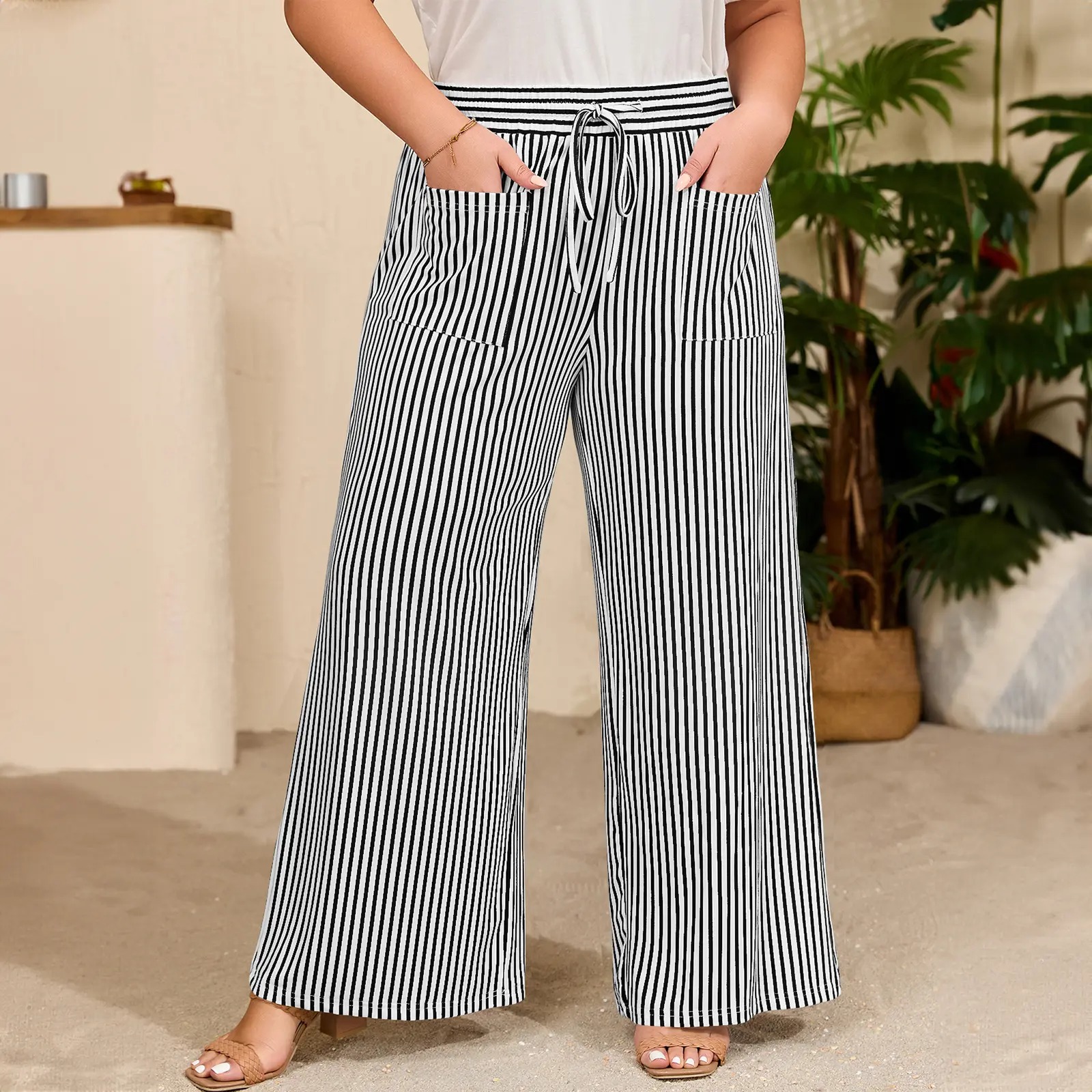Women‘s Plus Size Wide Leg Pants Elastic High Waist Striped Casual Palazzo Pants Lounge Trouser with Pockets (1X-5X)
