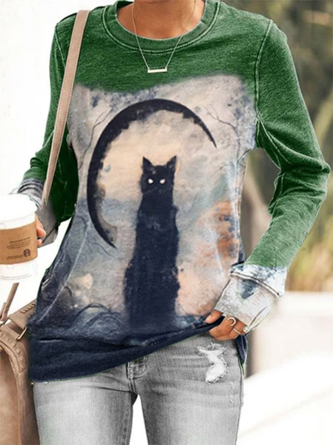 Halloween Vintage Cat Print Sweatshirt