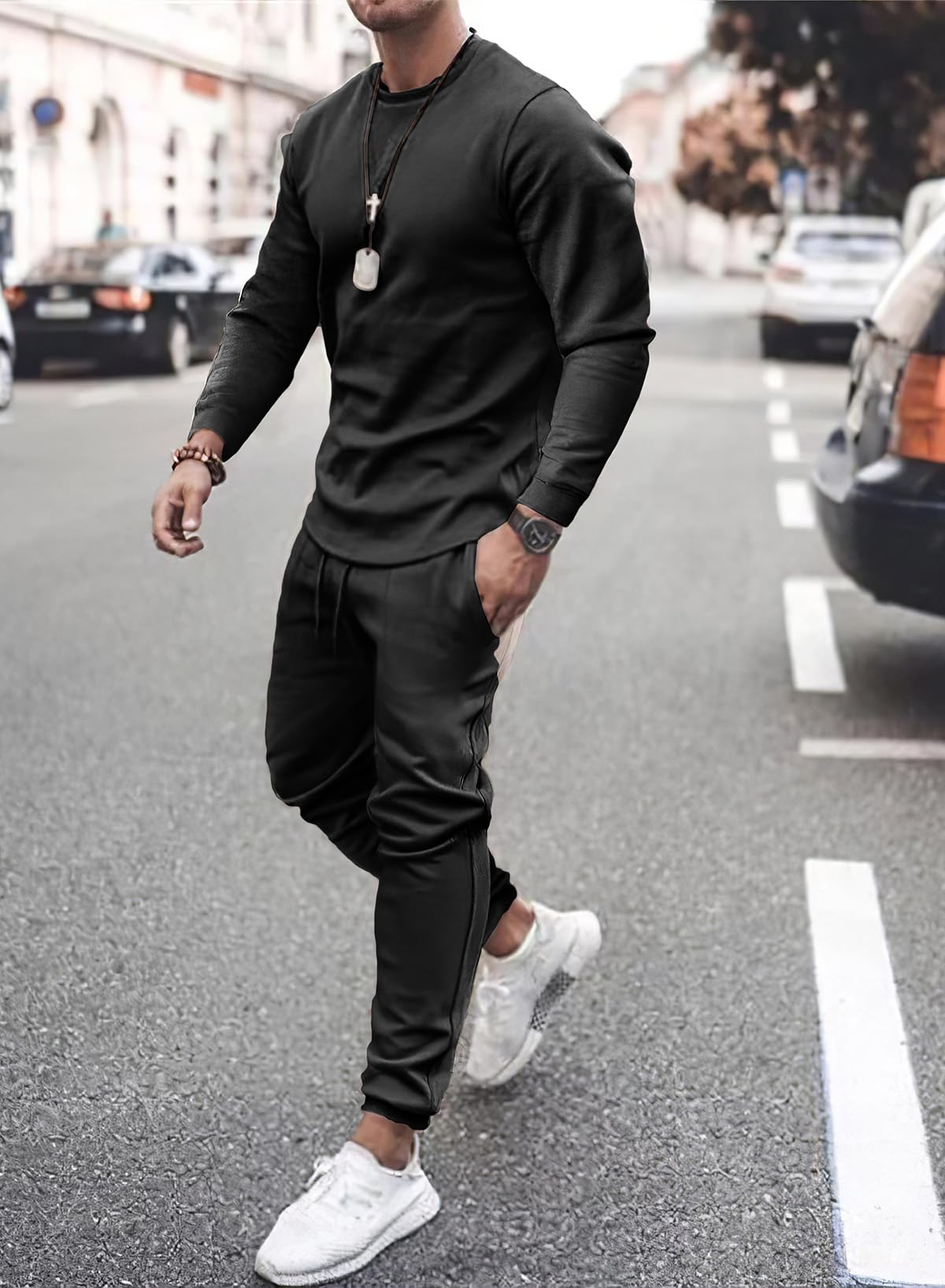 Men's 2 Piece Outfits Solid Color Cotton Pullover Sweatshirt Tracksuit & Joggers Sweatpants Sweatsuit Set