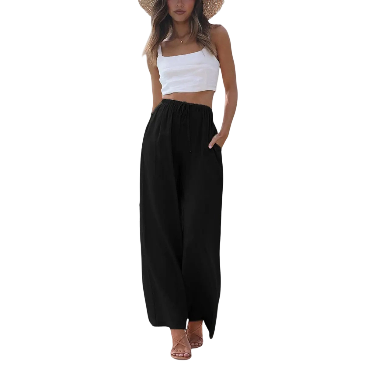 Women's Cotton Linen Summer Palazzo Pants Flowy Wide Leg Beach Trousers with Pockets Casual Womenswear