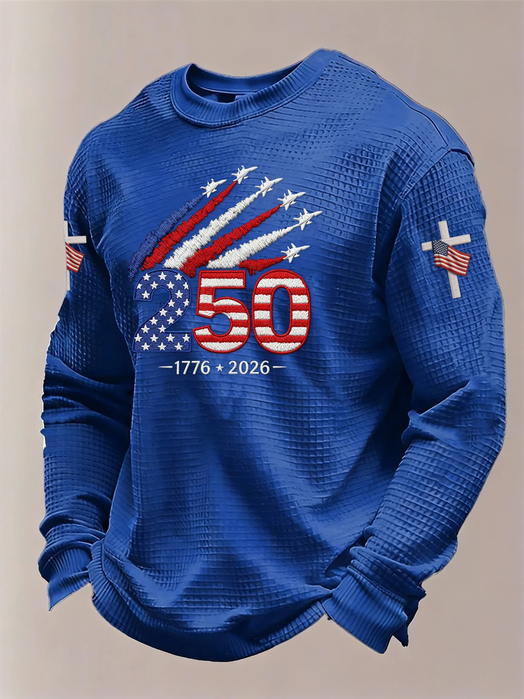 Men'S Retro Waffle American Flag Commemorative 250Th Anniversary Printed Long Sleeve Round Neck Sweatshirt