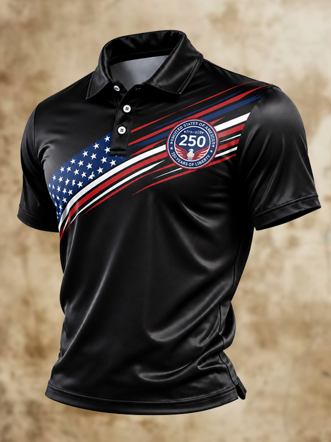 Men's Colored Ribbon Printed American Flag 250th Anniversary Polo Shirt