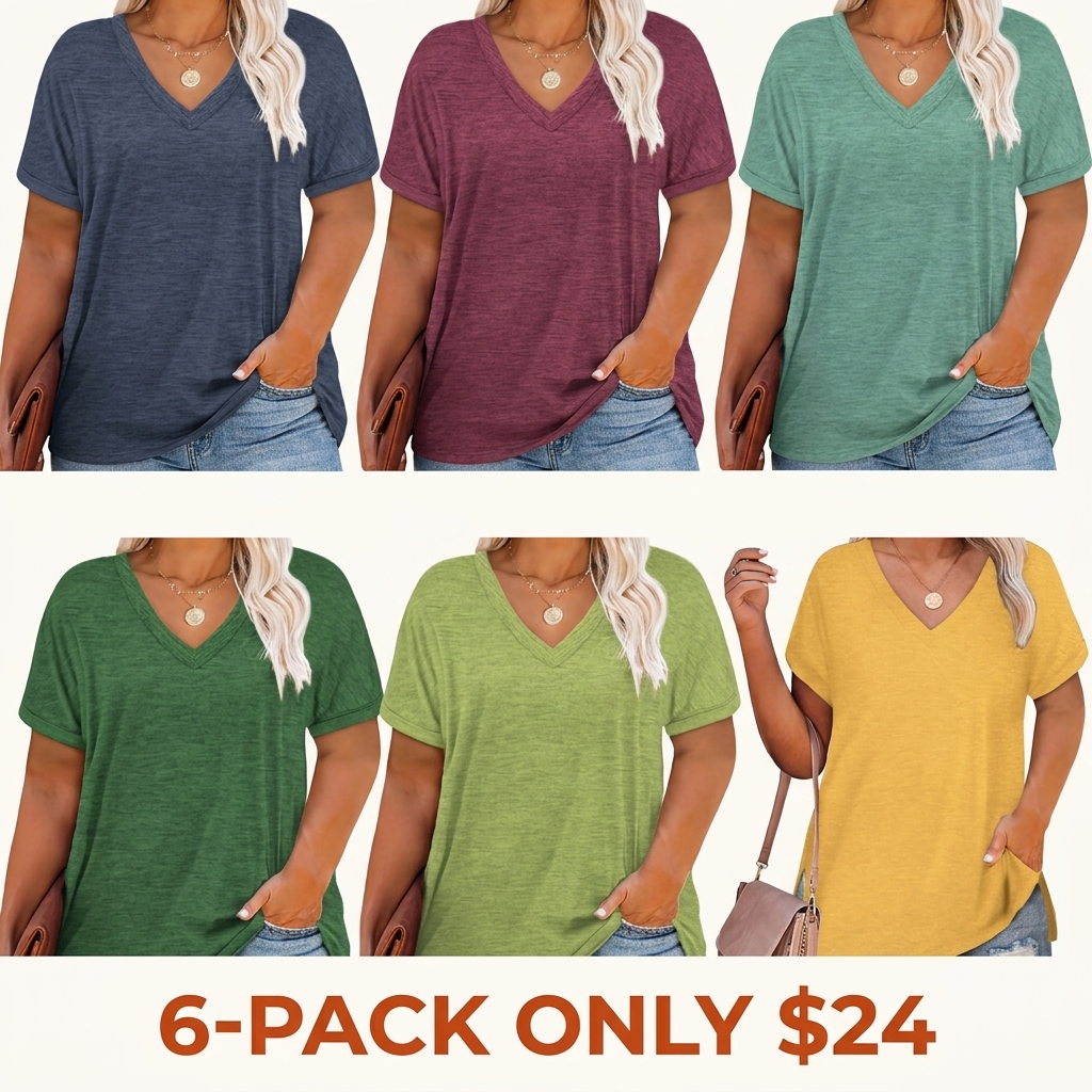 Women's Plus-Size V-Neck Short-Sleeve T-Shirt — Casual, Loose-Fit Summer Top — Soft, Breathable Basic Tee