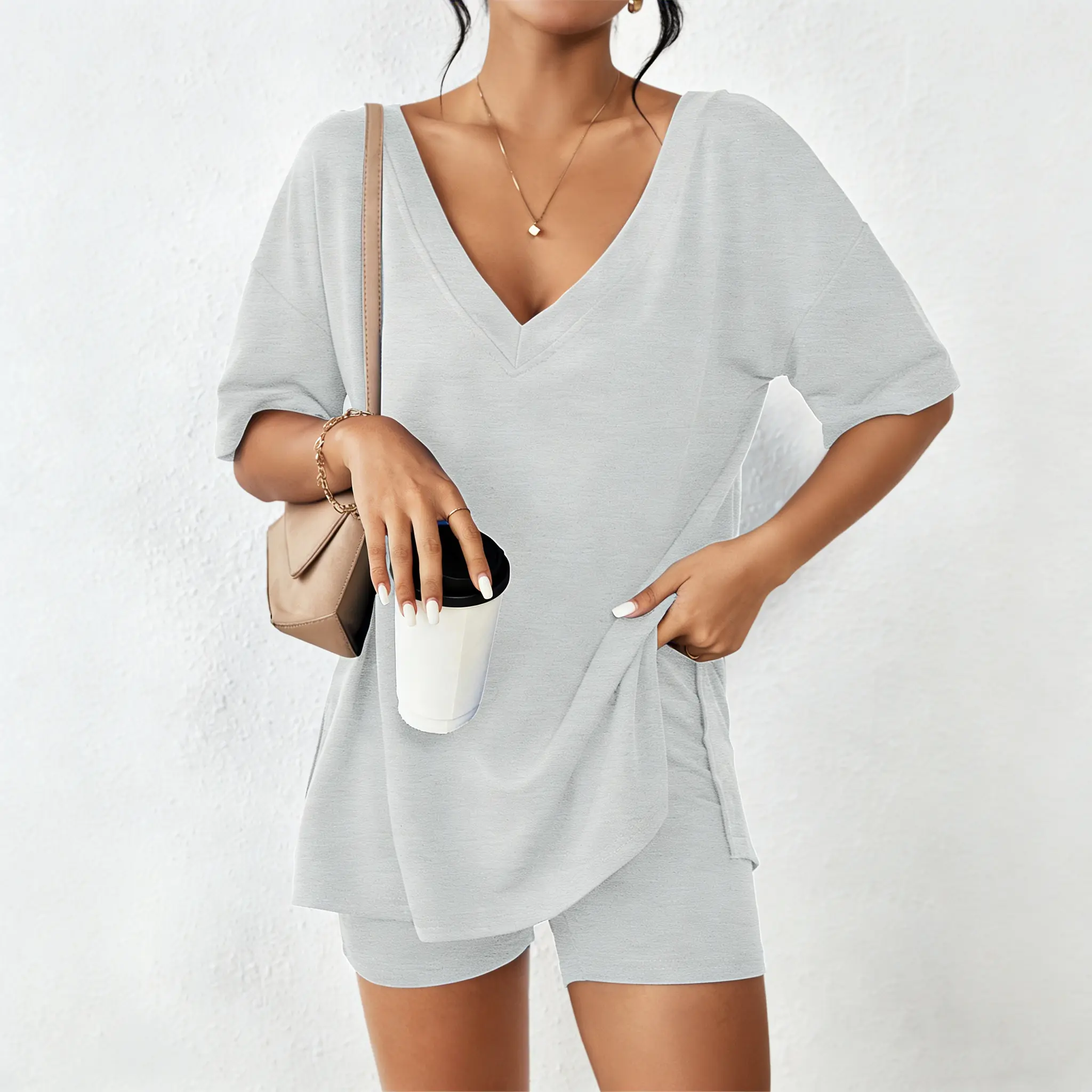 V-neck Two-Piece Pajama Set For Women Summer Casual Oversized Split Hem Shirts & Biker Shorts