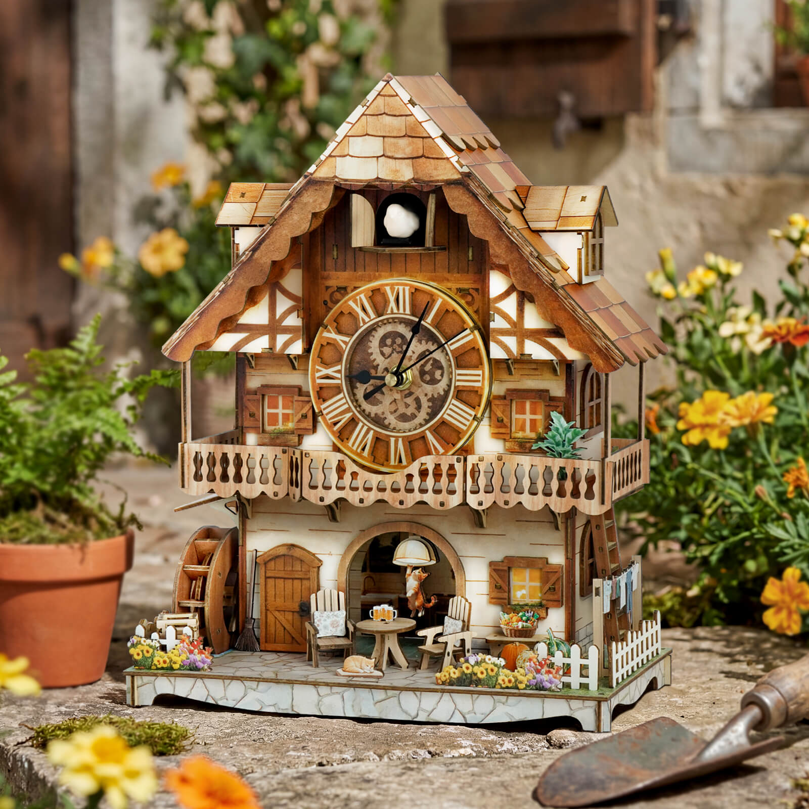Cuckoo Calling German Cottage DIY Wood Clock, 3D Puzzle Kit