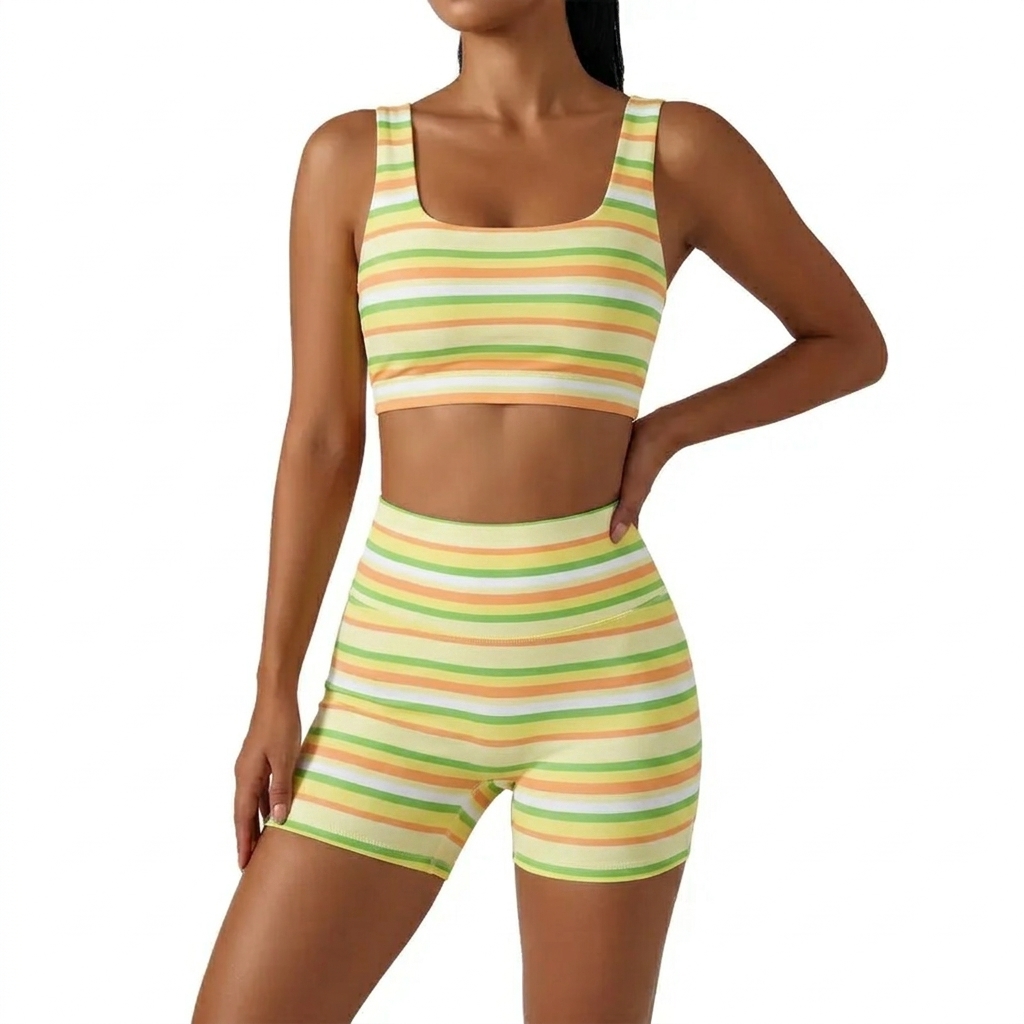 Women’s Rainbow Stripe 2 Piece Workout Set Sleeveless Crop Tank Top High Waist Biker Shorts Matching Lounge Outfit