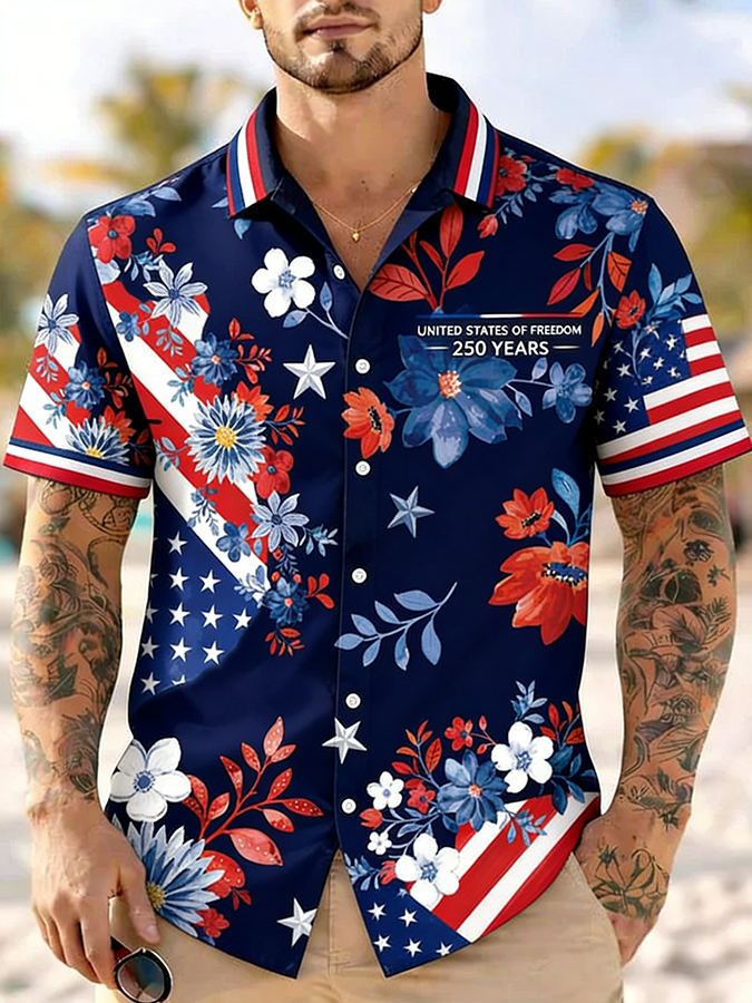 Men'S Casual American Flag Floral Art Print Hawaiian Shirt