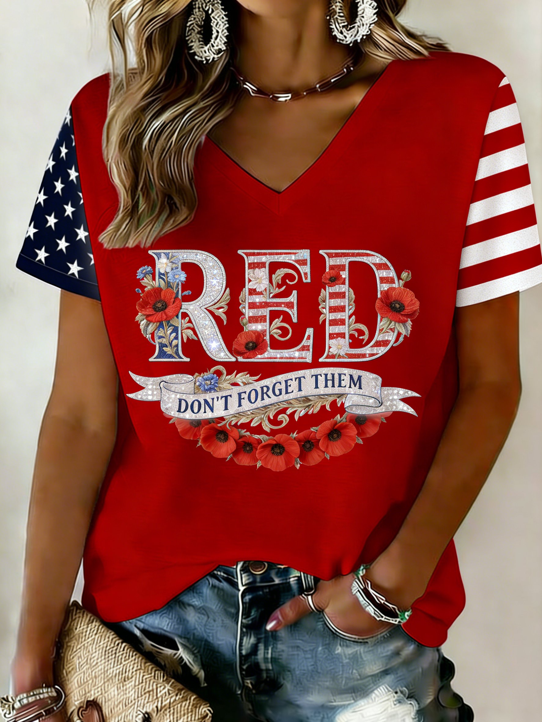 Women's Red Friday Printed V-Neck T-Shirt