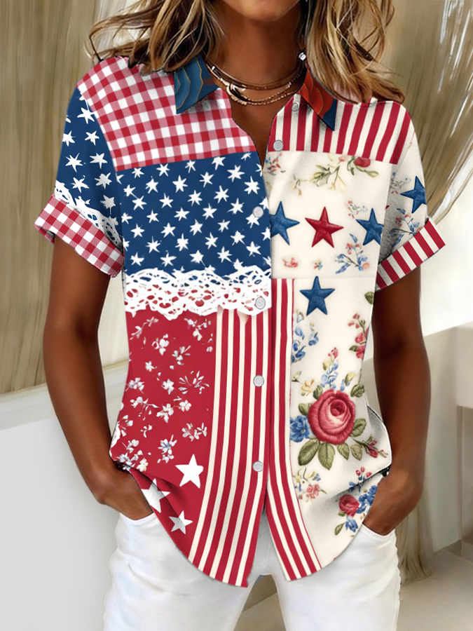Women's Independence Day Patriotic American Flag Celebration Commemorative Cotton and Hemp Button Shirt