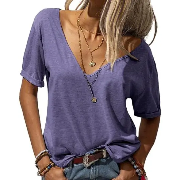 Women's Fashion Deep V-Neck Short Sleeve Tops Solid Casual Loose Basic T Shirt