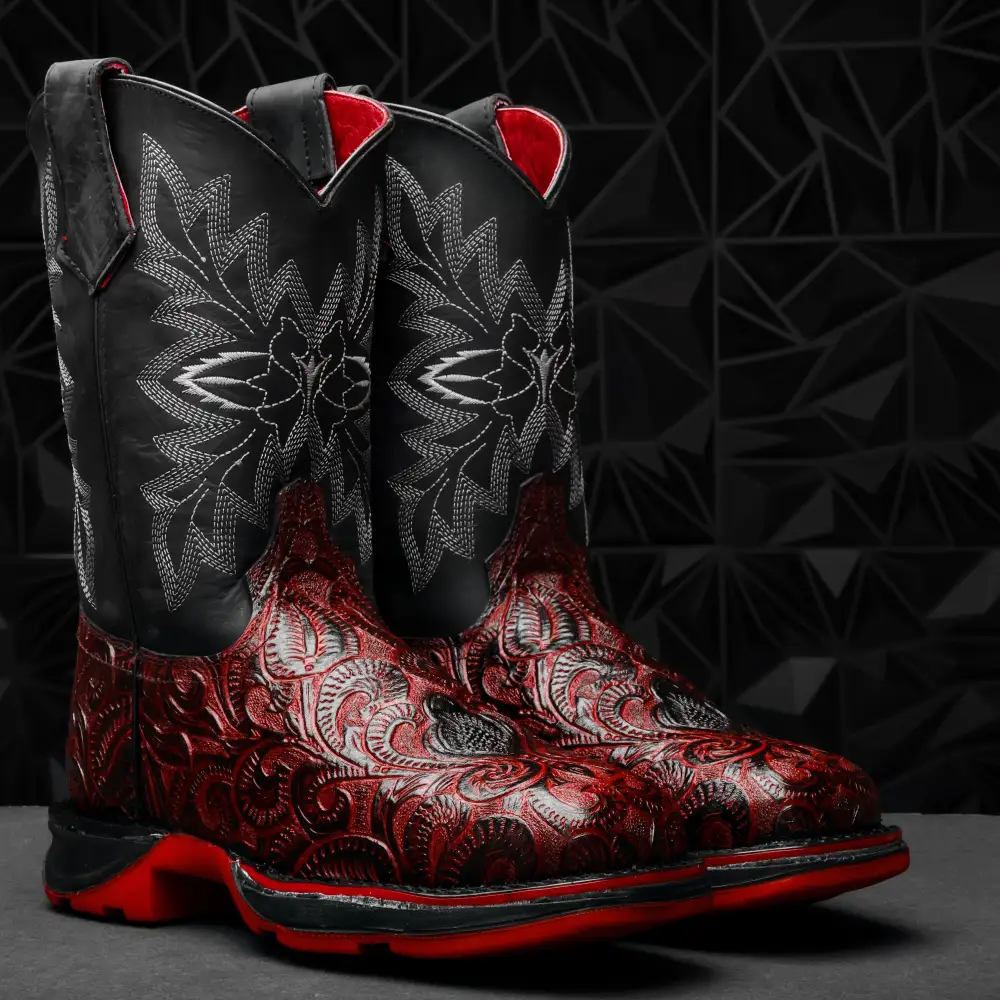 Black Cherry Hand-Tooled Leather Boots With 3D Lightweight Sole - Composite Toe