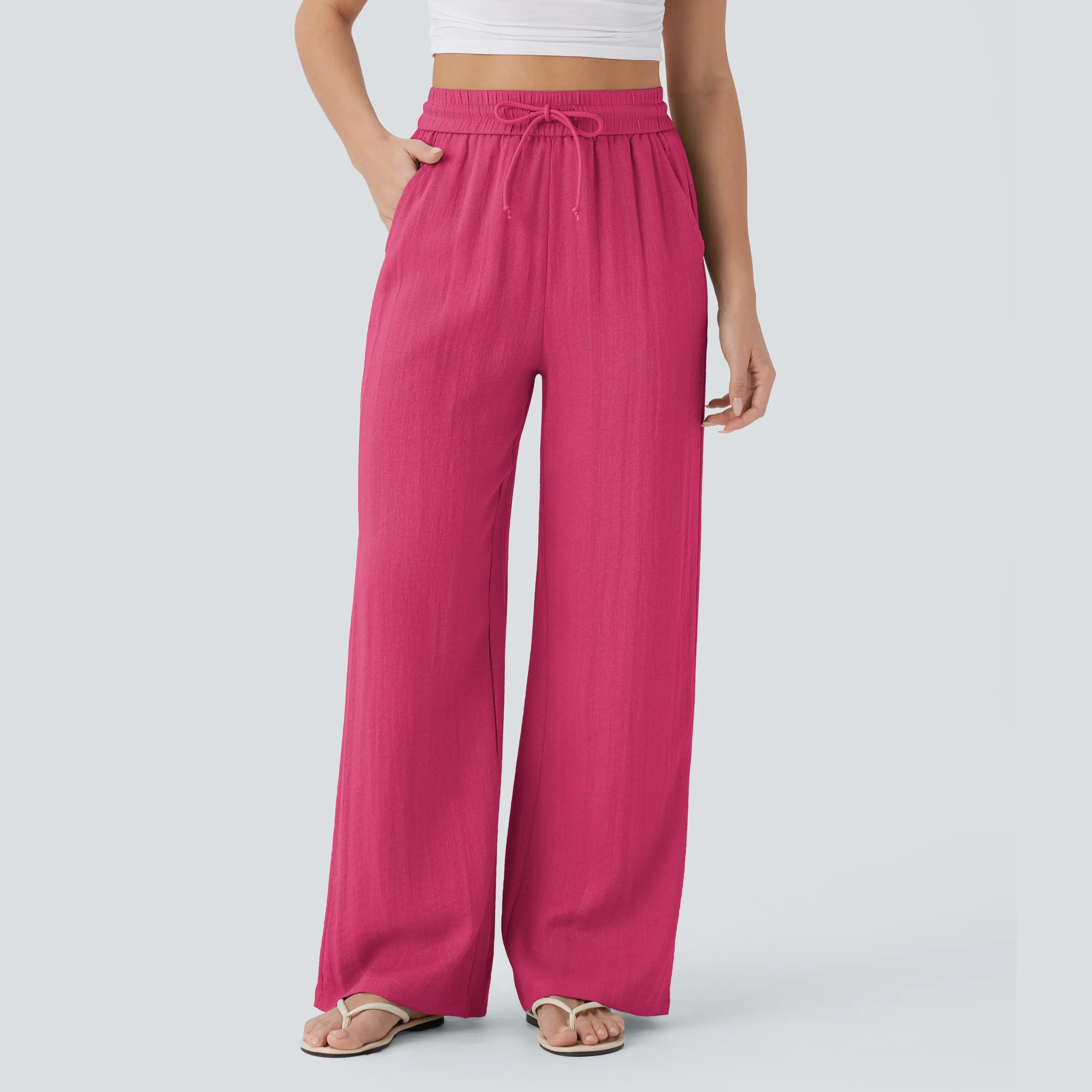 [Creator's Pick] High-Waisted, Drawstring, Pocketed, Wide-Leg Casual Trousers (Faux Linen)