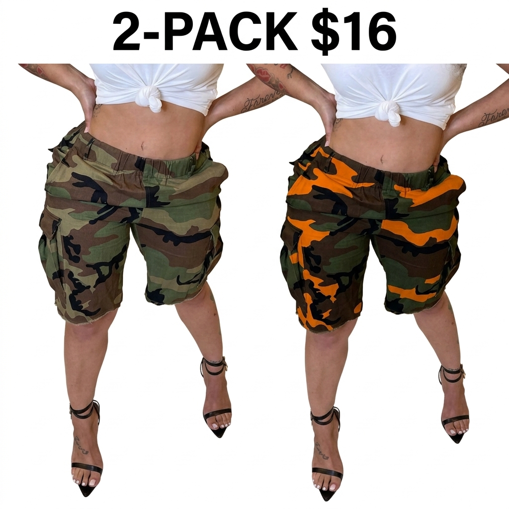 Women's Camo Print Elastic Waist Cargo Shorts with Pockets