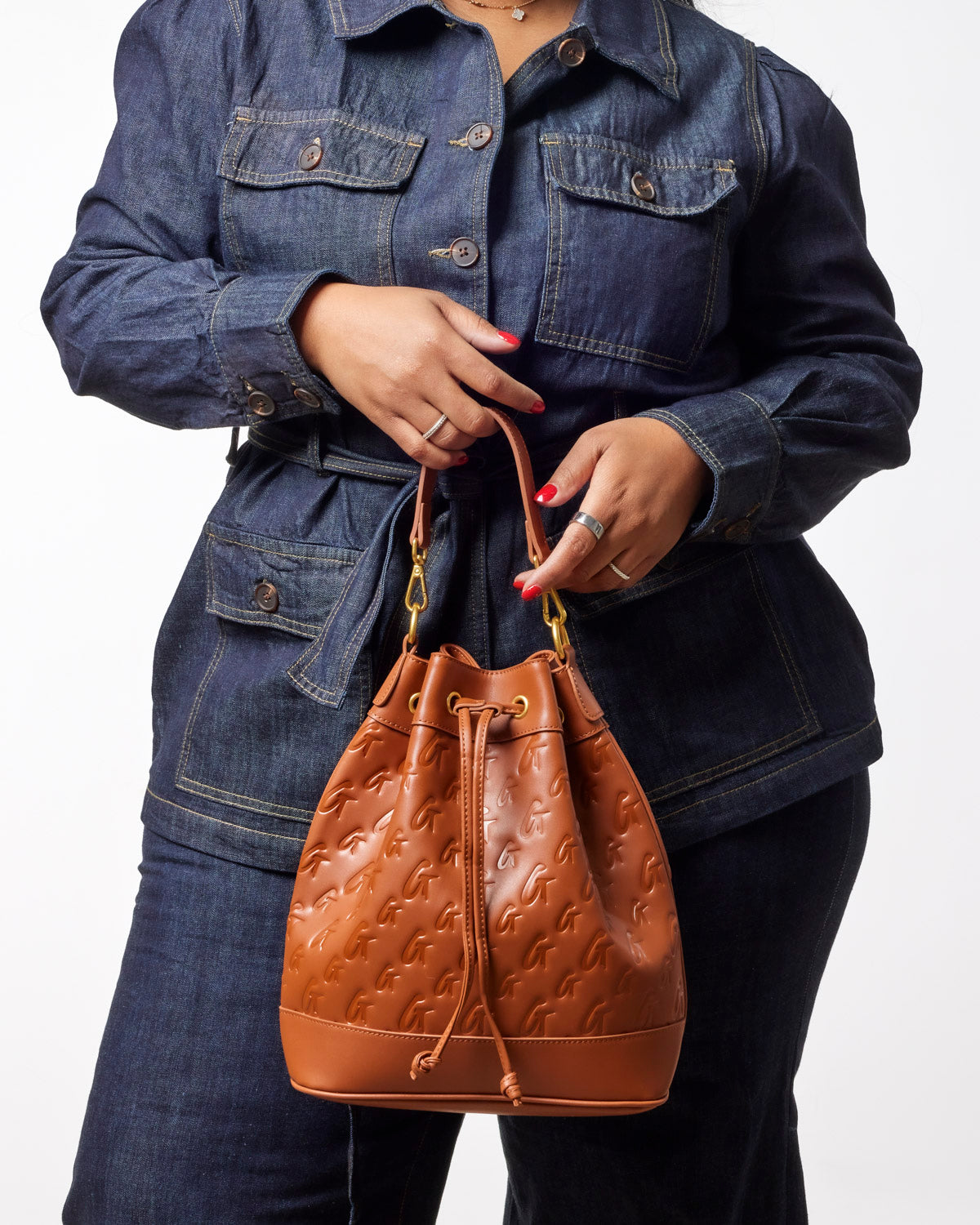 LARGE MONOGRAM BUCKET BAG - BROWN