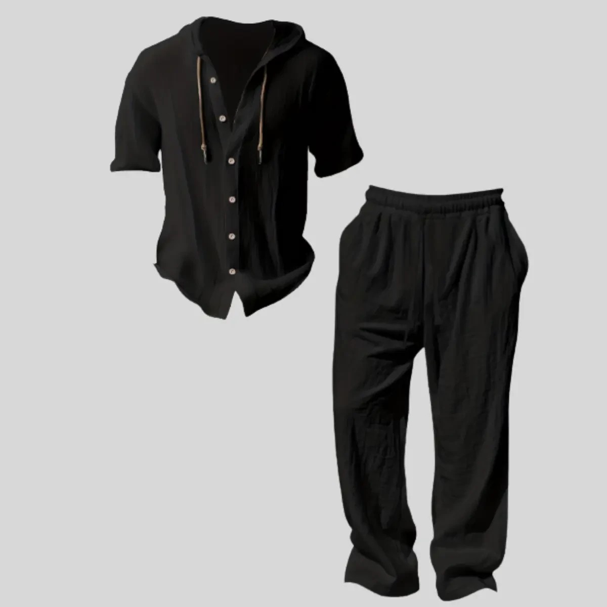 Men’s lightweight two-piece set with a hood, casual vacation style, loose and breathable thin fabric, hooded sweatshirt and wide-leg pants, for summer wear