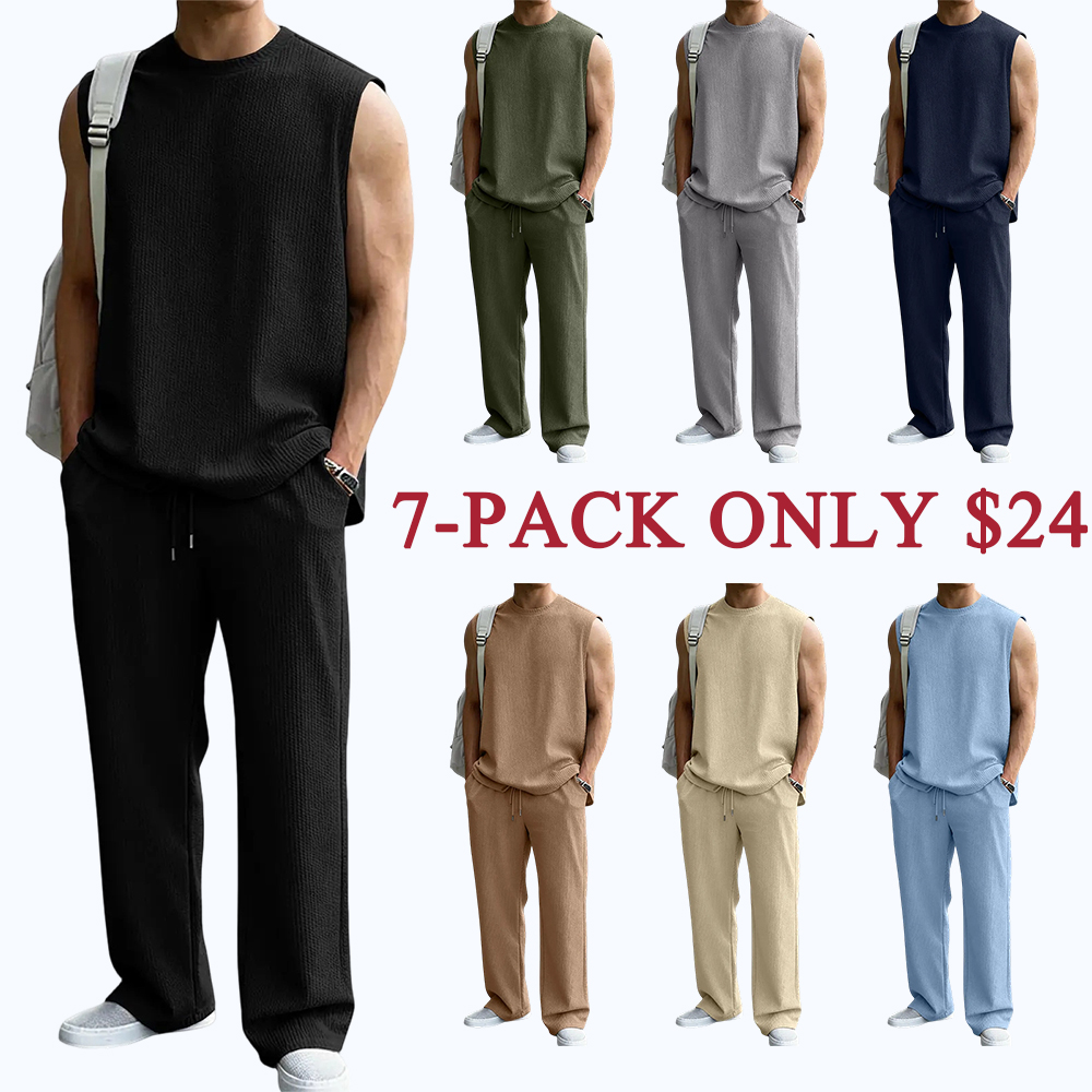 Men's 2 Piece Rib Knit Sweatsuit Sleeveless Tank Top & Baggy Wide Leg Pants