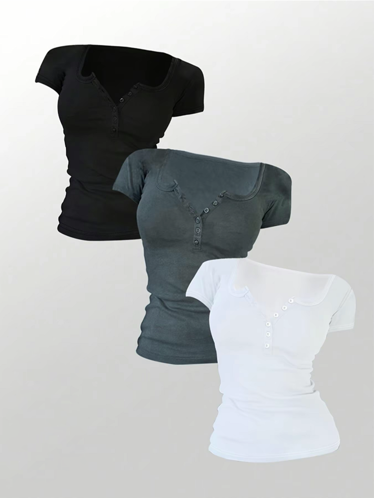 Women's Solid Button Round Neck Tee