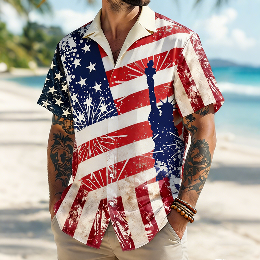 Men's Firework Statue Of Liberty American Flag USA Independence Day Beach Shirt