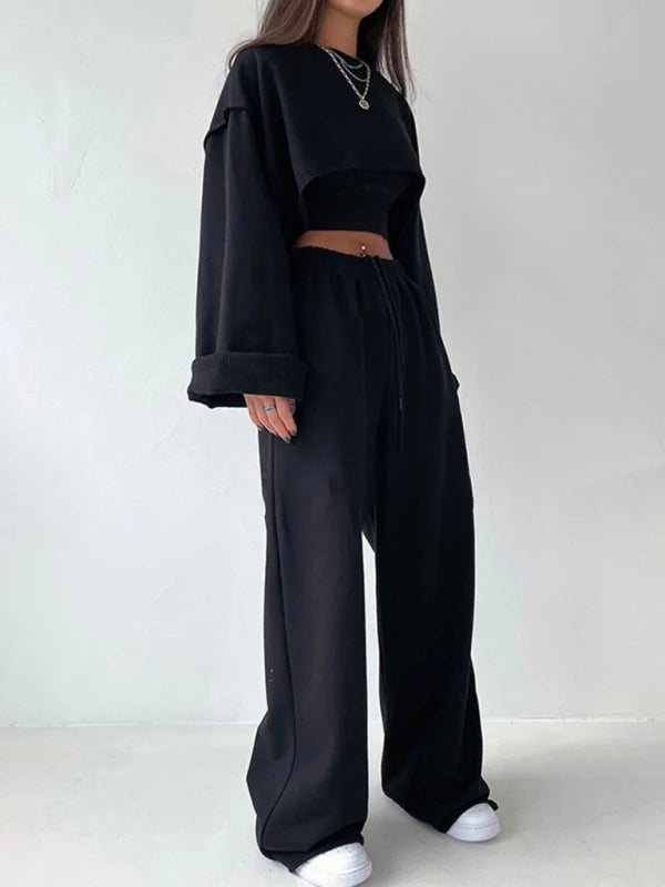 🖤 Chic 3-Piece Set – Cropped Sweater + Wide-Leg Suspender Pants – Trendy & Comfy Outfit 🔥