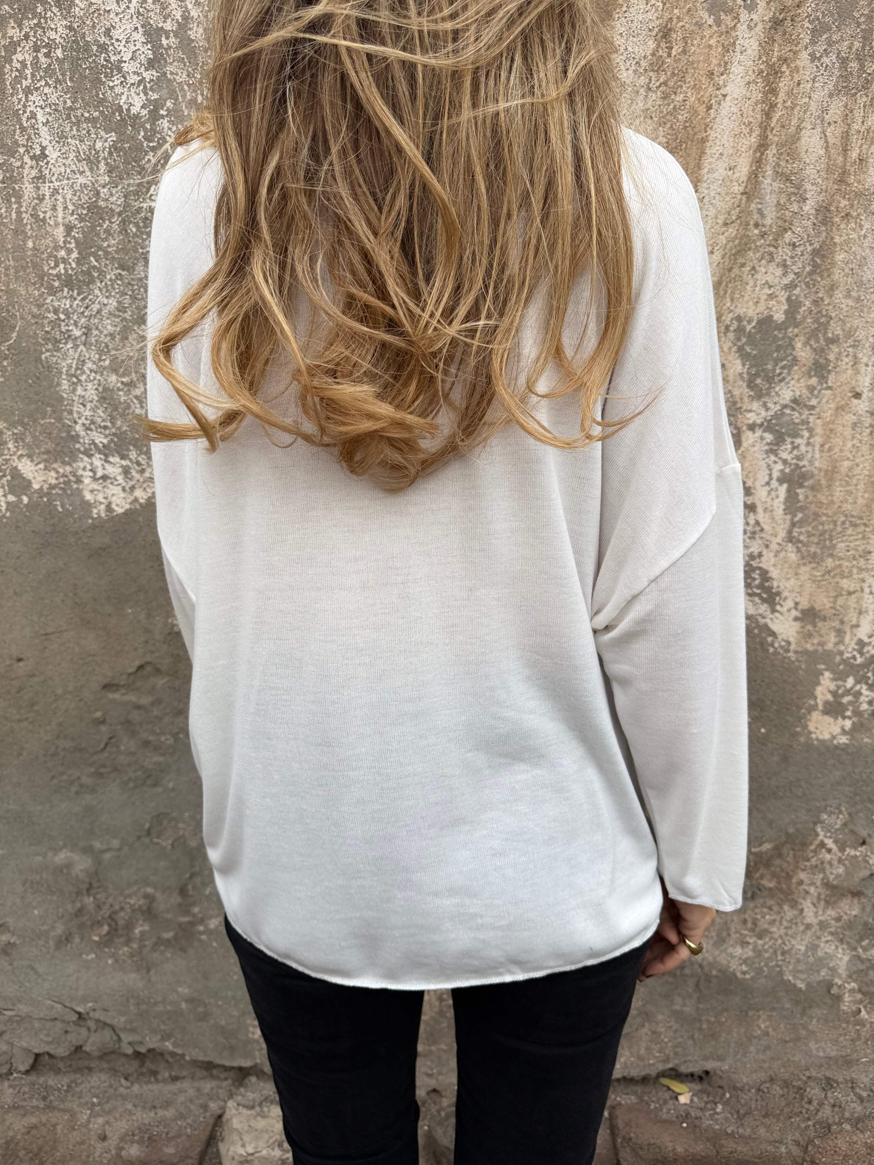 White Maxi Longline Knit Top with Silver Trim