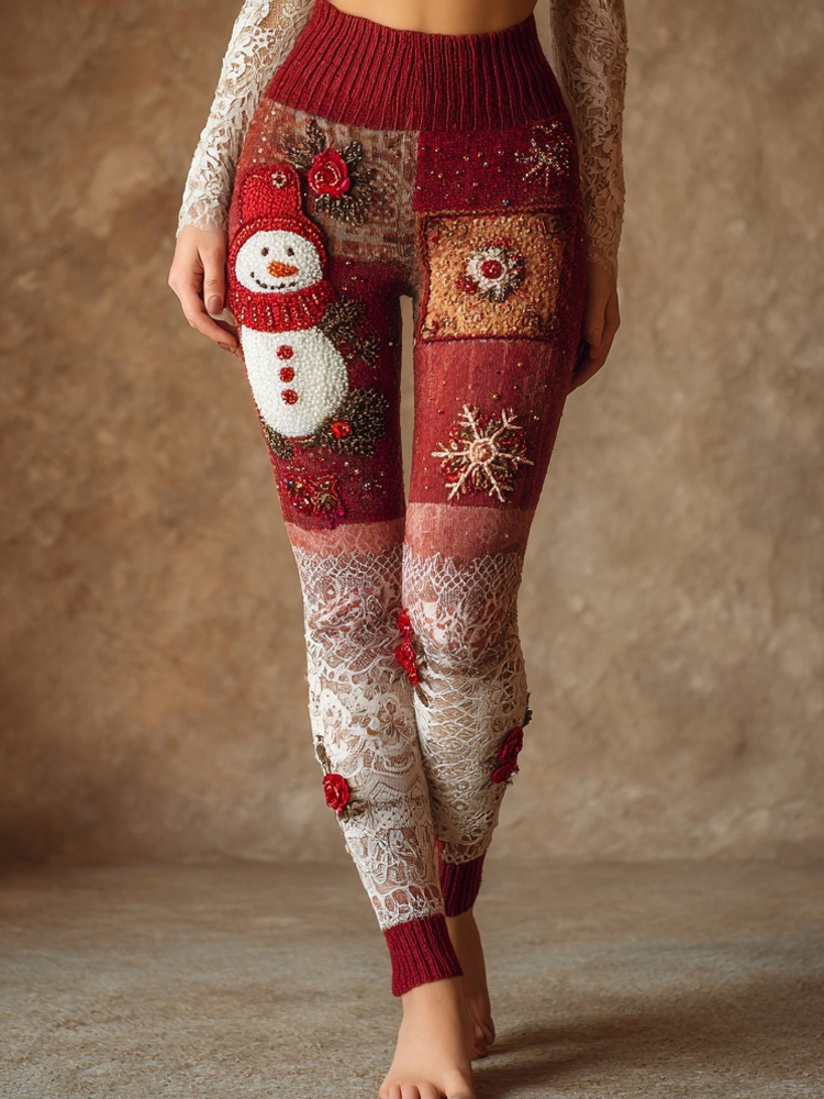 Women's Christmas Snowman Patchwork Print Leggings