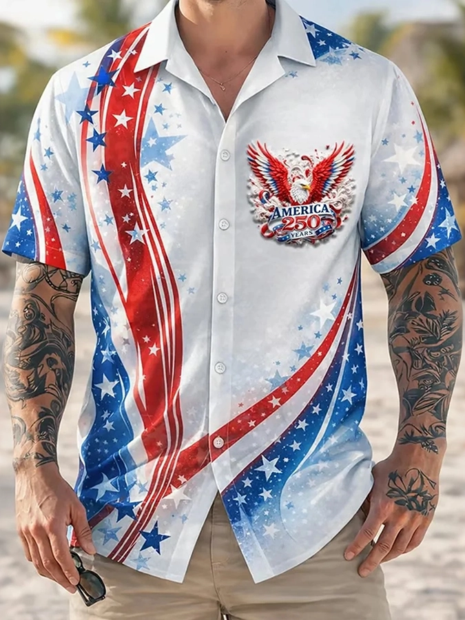 Men'S Casual American Eagle Flag Five Pointed Star Ribbon Art Printed Shirt