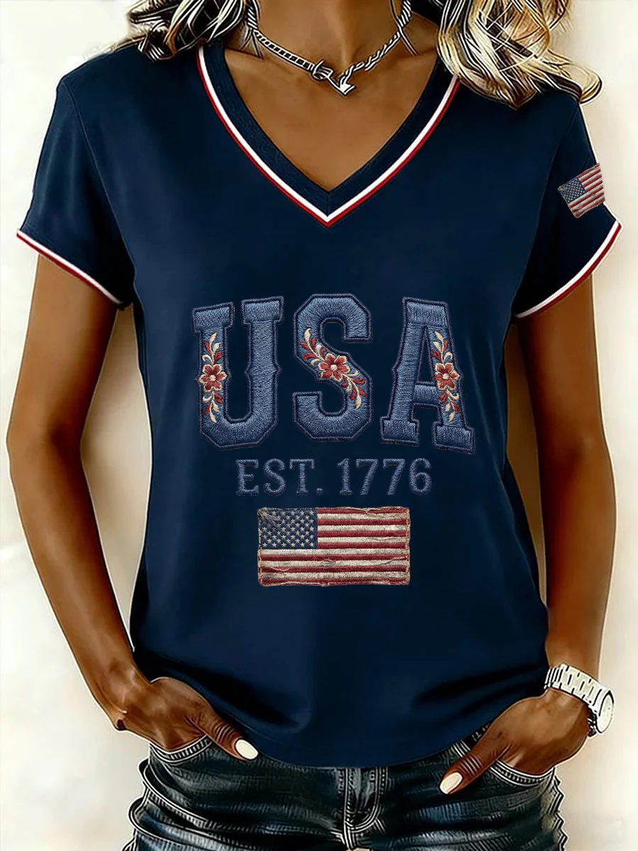 Floral Embroidery USA Flag Patch Retro V-Neck T-Shirt
