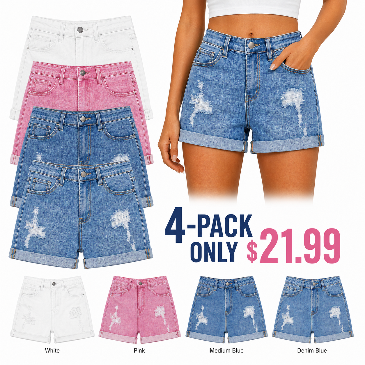 Women's Mid-Rise Stretchy Distressed Cuffed Denim Shorts