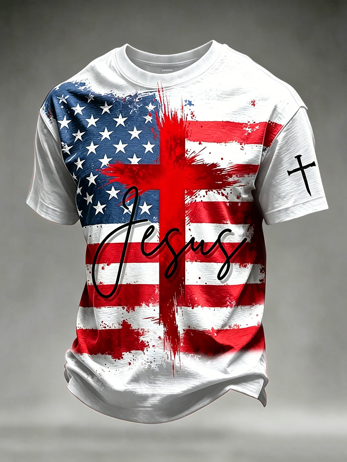 Men's Jesus USA Flag Cross Print Christian T-Shirt