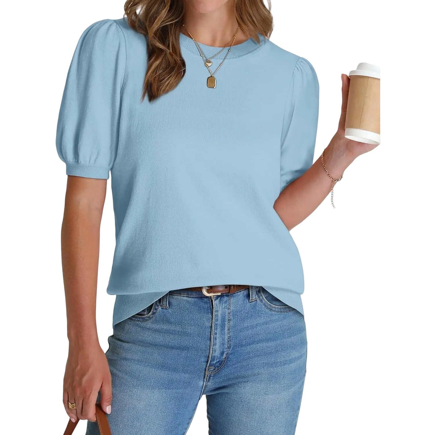 Women's Puff Short Sleeve Lightweight Knit Top Soft Breathable