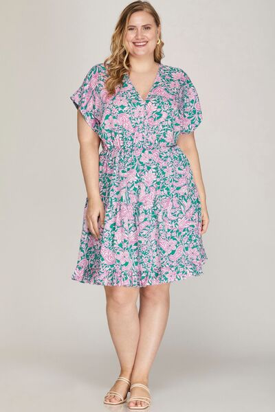Sky Full Size Ruffled Hem Printed Surplice Kimono Sleeve Mini Dress Plus Size