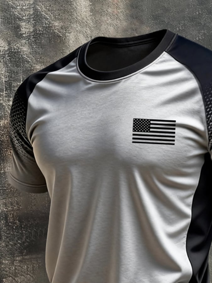 Men's Retro Color-Block Casual Crew-Neck Short-Sleeve T-Shirt