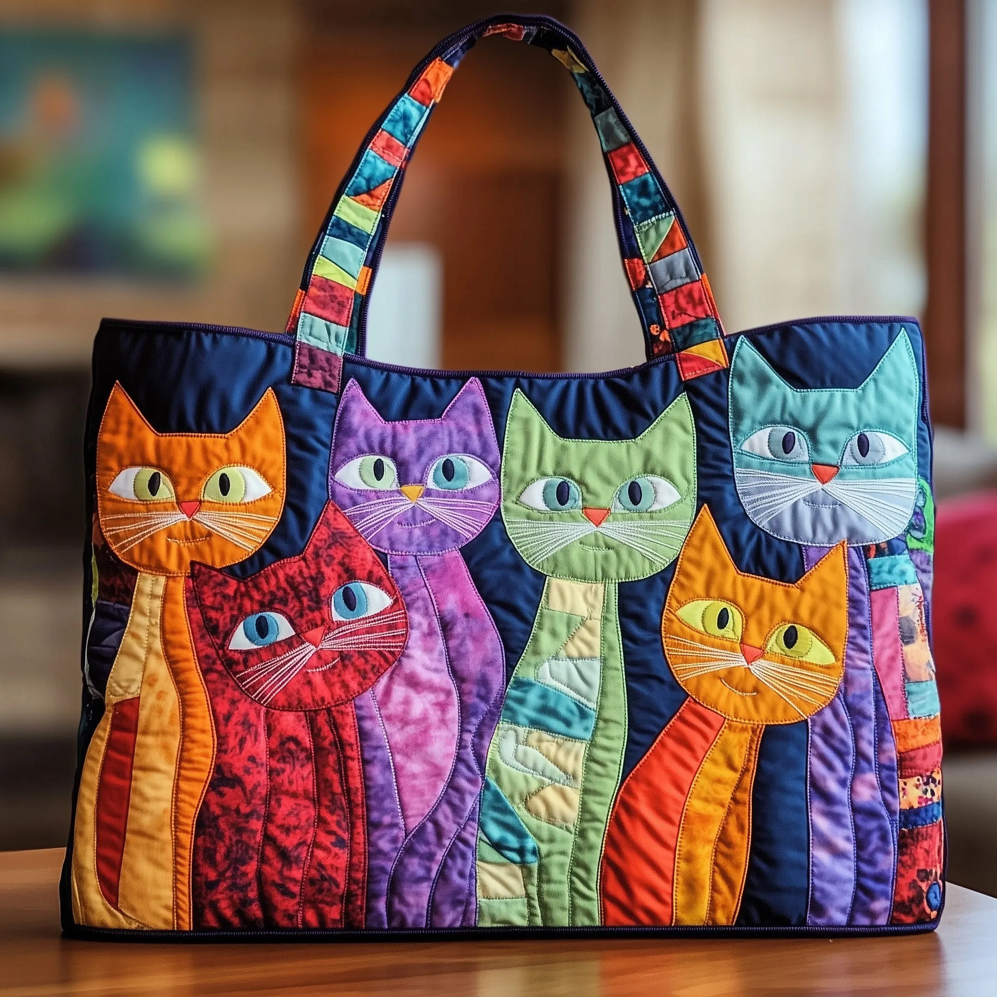 Whimsical Quilted Cat Tote Bag – Colorful Artistic Handcrafted Style for Cat Lovers 🐱🎨