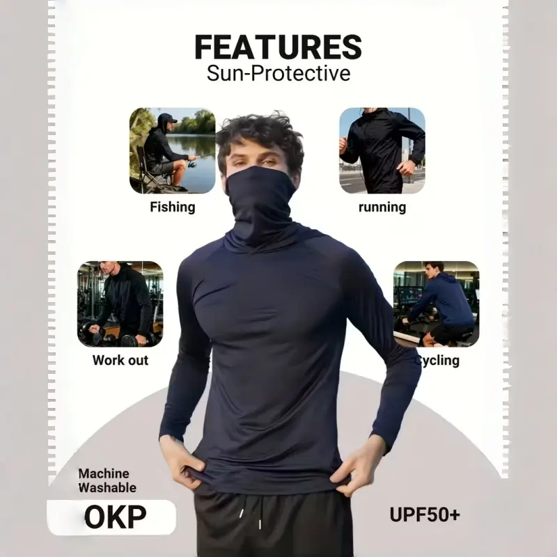 Men's Casual Hoodie Pullovers Blue Black Light Gray Slim Fit Long Sleeve Lightweight UPF Sun Protection