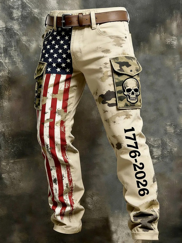 Men's Skull American Flag Print Casual Cargo Pants