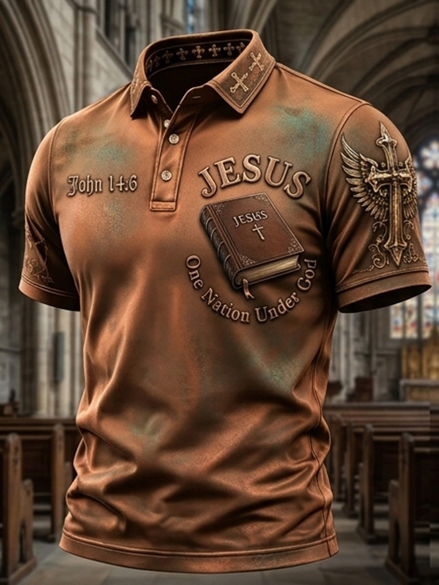 Retro“One Nation Under God”Cross-Print Men's Polo Shirt