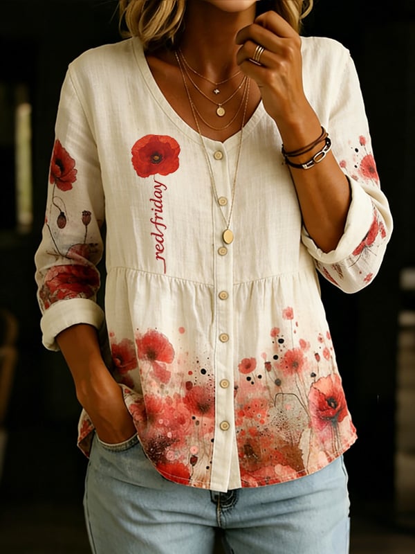 Women's Vintage Red Friday Floral Print Casual Top