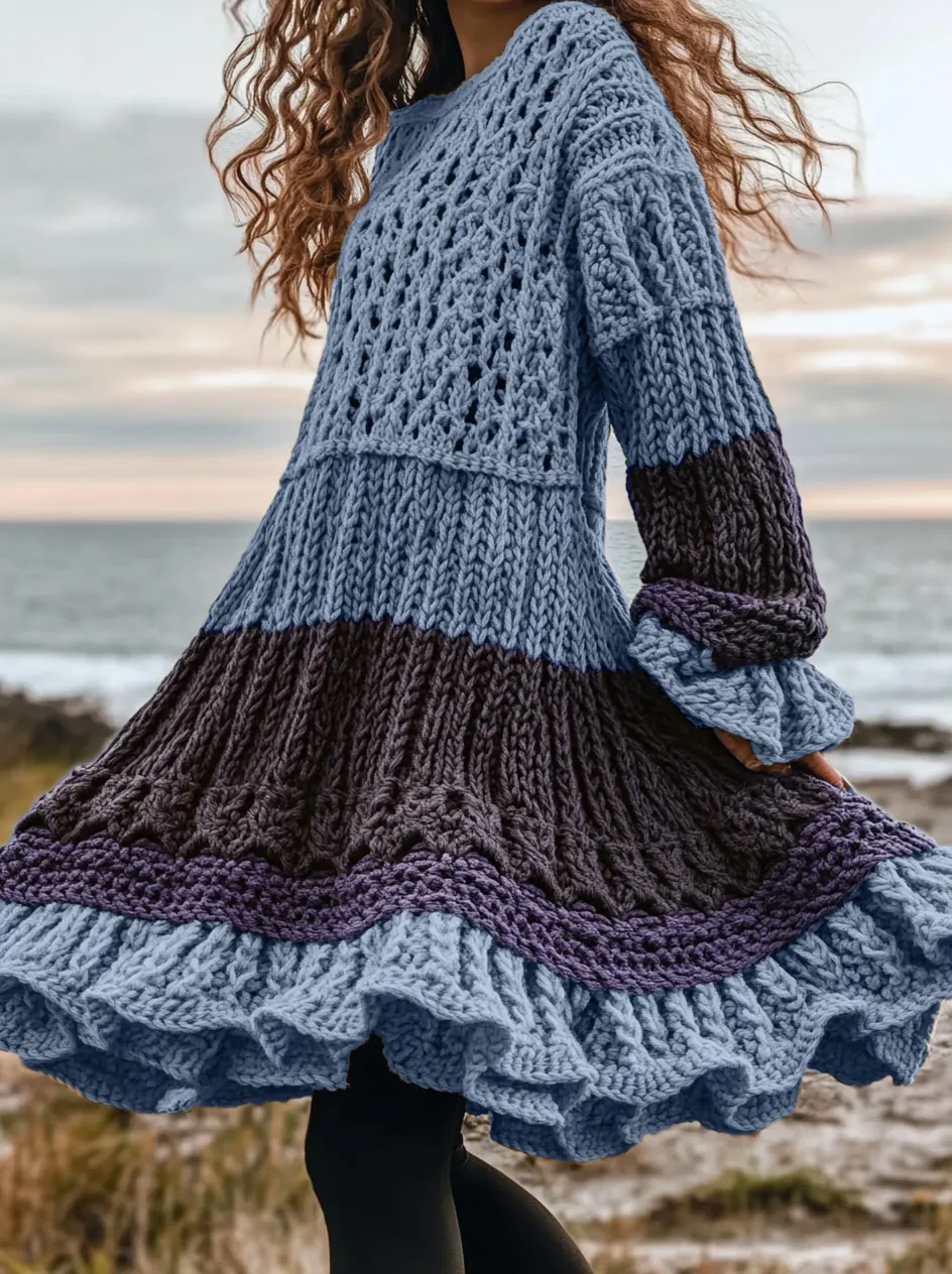 Women's Celtic Knotted Color Block Jacquard Crew Neck Sweater Dress