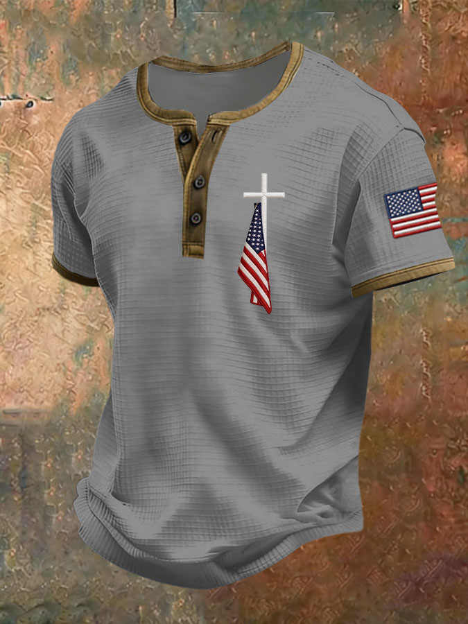 Men'S American Flag Printed Henry Collar Top