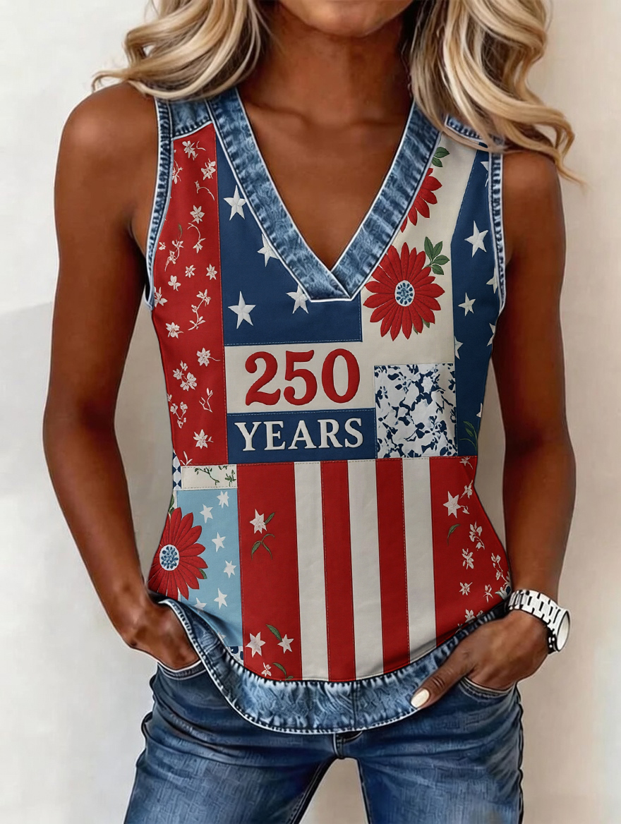 Women's Independence Day 250th Anniversary Commemorative Pattern Cowboy Patch Tank Top