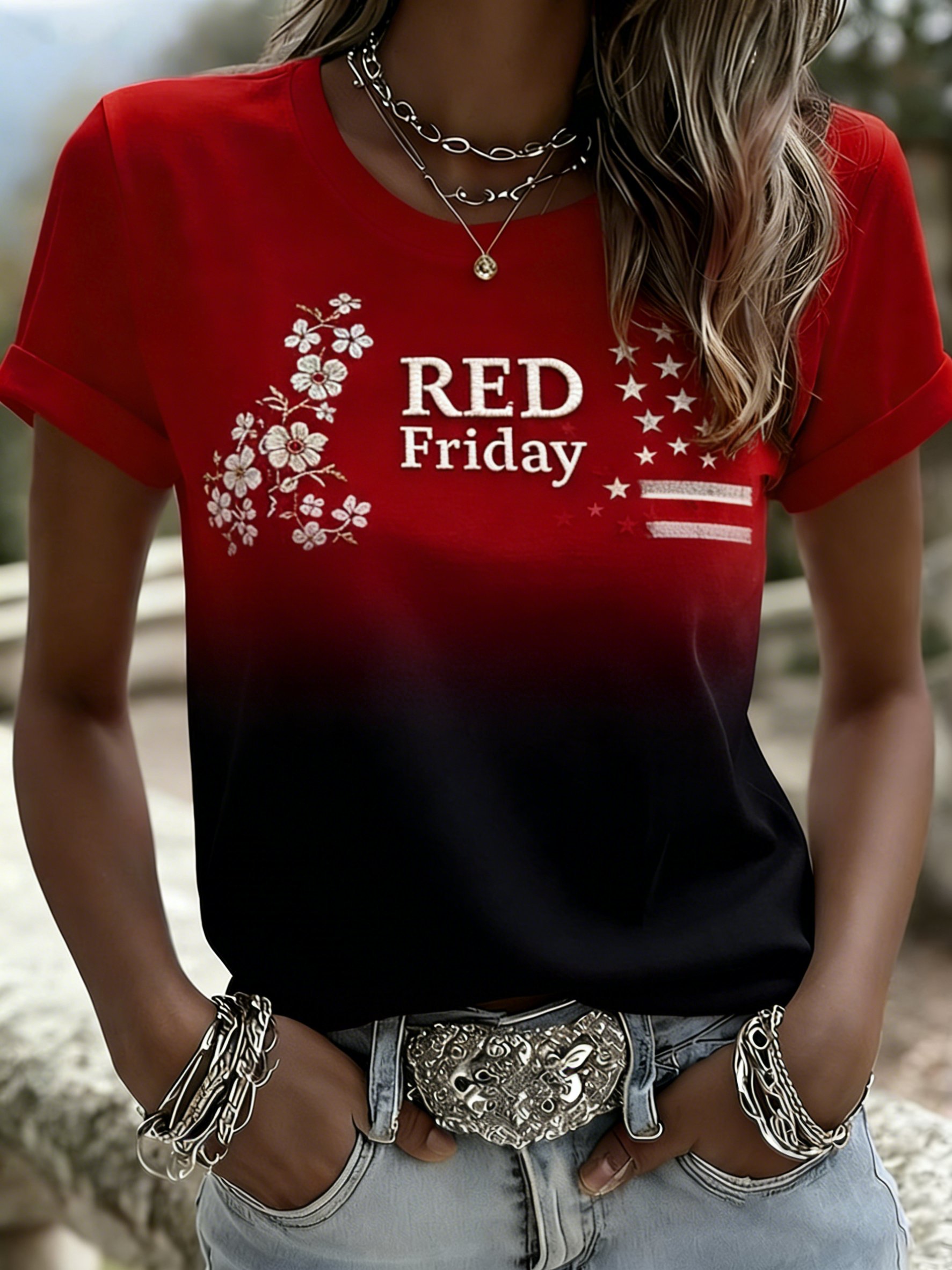 Women's Red Friday Print Casual Crew Neck Top